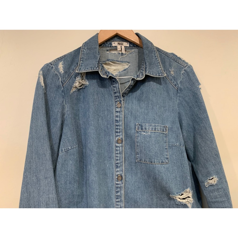 PAIGE Distressed Denim Shirt Size M 100% Cotton Grunge Boho Western Womens - Picture 2 of 10
